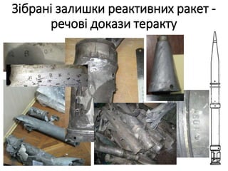 Зібрані залишки реактивних ракет -
речові докази теракту
 