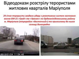 Відеодокази розстрілу терористами
житлових кварталів Маріуполя
24 січня терористи завдали удару з реактивних систем залпового
вогню БМ-21 «Град» та «Ураган» по Орджонікідзевському району
м. Маріуполя (мікрорайон «Восточний») та прилеглому до нього
селищу Виноградне
 