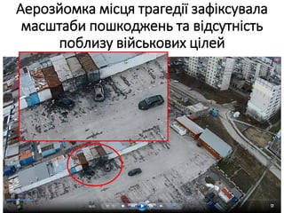 Аерозйомка місця трагедії зафіксувала
масштаби пошкоджень та відсутність
поблизу військових цілей
 
