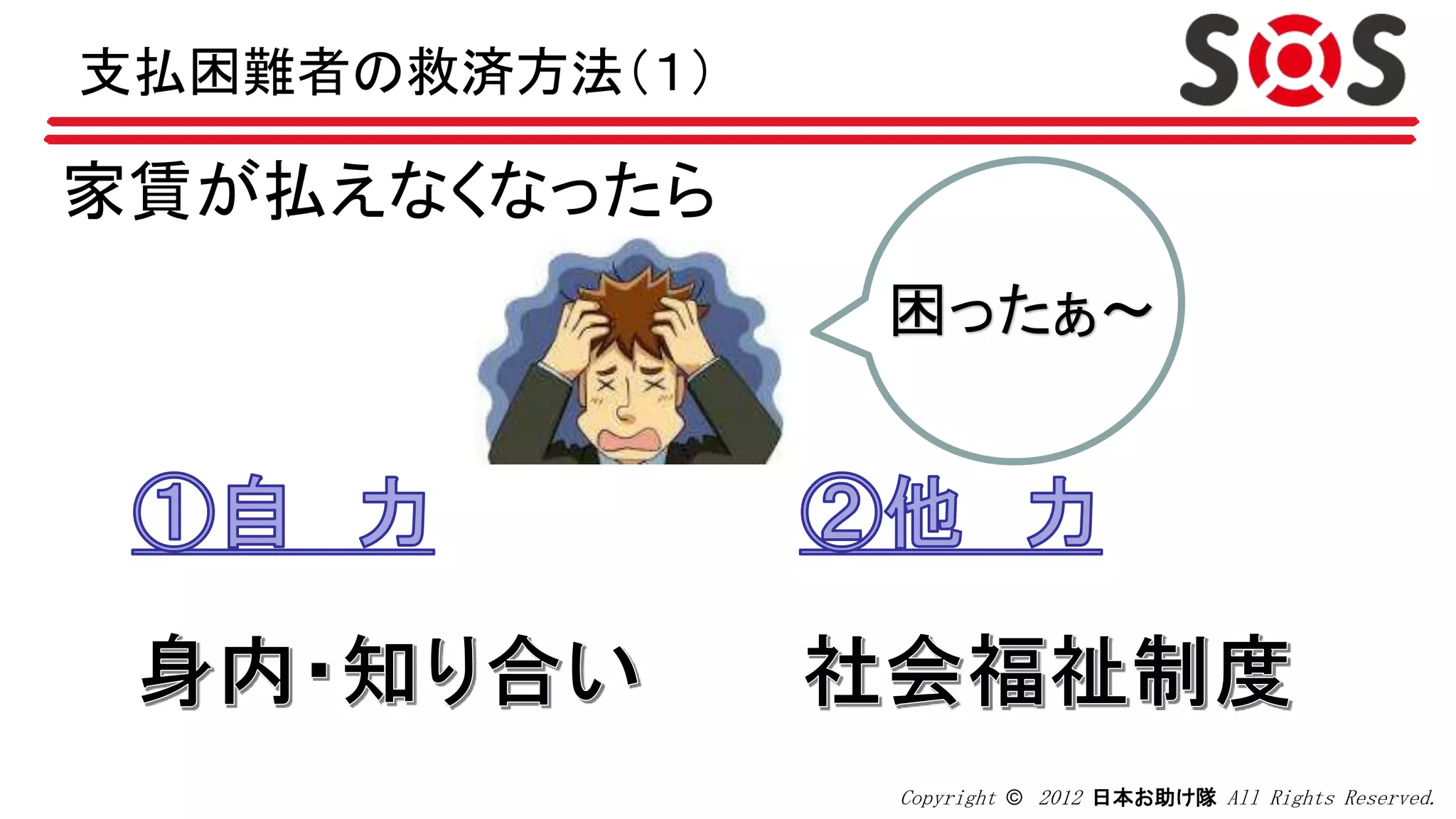 Copyright © 2012 日本お助け隊 All Rights Reserved.
家賃が払えなくなったら
困ったぁ～
支払困難者の救済方法（１）
 