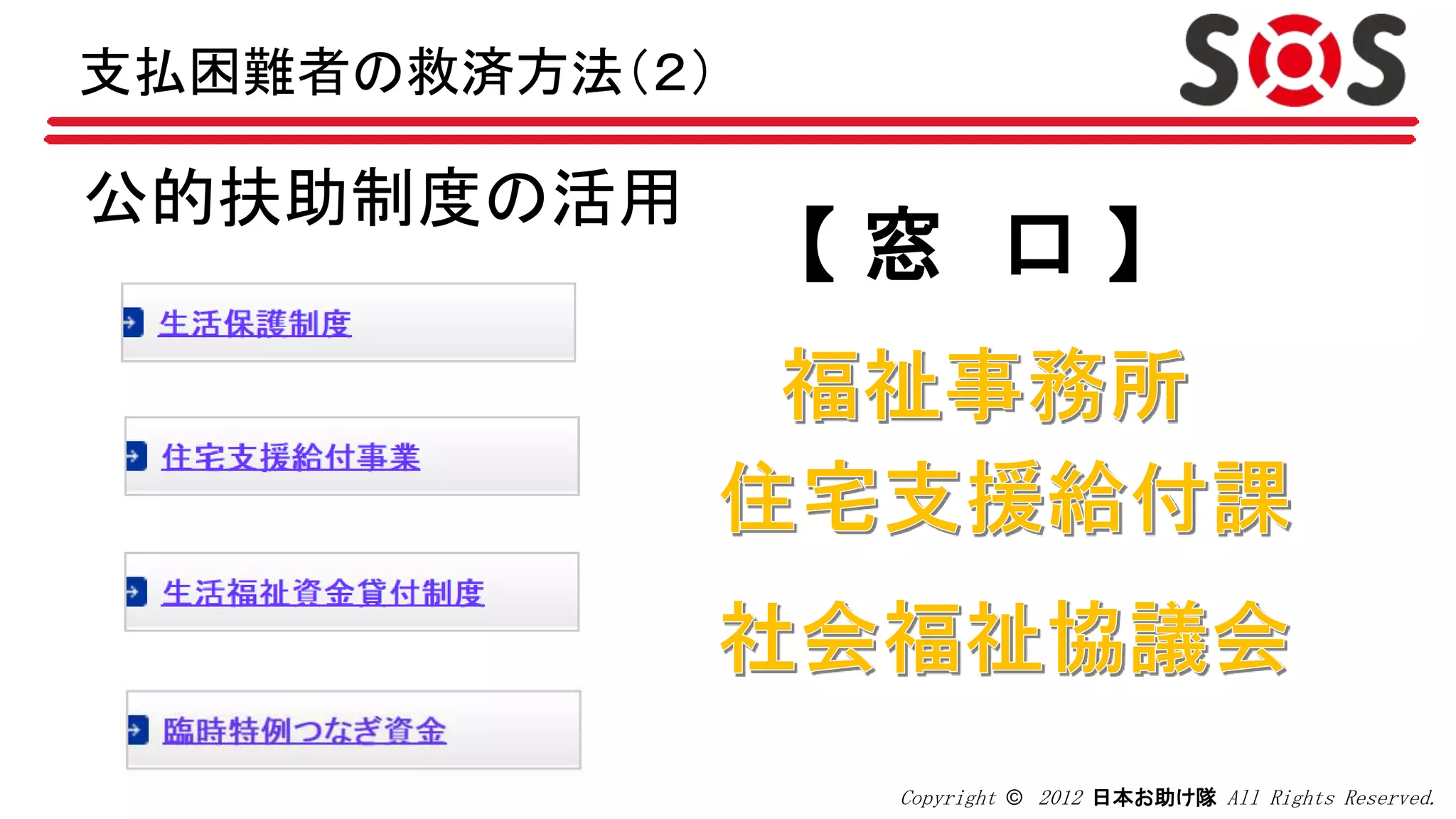 Copyright © 2012 日本お助け隊 All Rights Reserved.
公的扶助制度の活用
【 窓 口 】
支払困難者の救済方法（２）
 