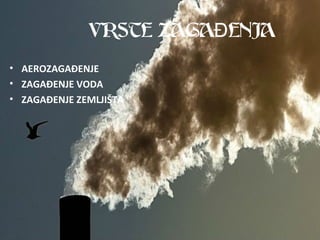 VRSTE ZAGA ENJAĐ
• AEROZAGAĐENJE
• ZAGAĐENJE VODA
• ZAGAĐENJE ZEMLJIŠTA
 
