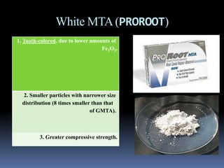 White MTA(PROROOT)
1. Tooth-colored, due to lower amounts of
Fe2O3.
2. Smaller particles with narrower size
distribution (8 times smaller than that
of GMTA).
3. Greater compressive strength.
 