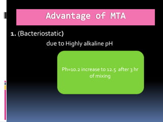 1. (Bacteriostatic)
due to Highly alkaline pH
Ph=10.2 increase to 12.5 after 3 hr
of mixing
 