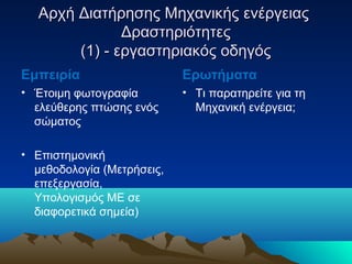 Αρχή Διατήρησης Μηχανικής ενέργειαςΑρχή Διατήρησης Μηχανικής ενέργειας
ΔραστηριότητεςΔραστηριότητες
(1) - εργαστηριακός οδηγός(1) - εργαστηριακός οδηγός
Εμπειρία
• Έτοιμη φωτογραφία
ελεύθερης πτώσης ενός
σώματος
• Επιστημονική
μεθοδολογία (Μετρήσεις,
επεξεργασία,
Υπολογισμός ΜΕ σε
διαφορετικά σημεία)
Ερωτήματα
• Τι παρατηρείτε για τη
Μηχανική ενέργεια;
 