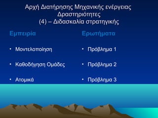 Αρχή Διατήρησης Μηχανικής ενέργειαςΑρχή Διατήρησης Μηχανικής ενέργειας
ΔραστηριότητεςΔραστηριότητες
(4) – Διδασκαλία στρατηγικής(4) – Διδασκαλία στρατηγικής
Εμπειρία
• Μοντελοποίηση
• Καθοδήγηση Ομάδες
• Ατομικά
Ερωτήματα
• Πρόβλημα 1
• Πρόβλημα 2
• Πρόβλημα 3
 