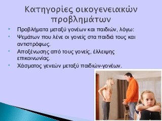  Προβλήματα μεταξύ γονέων και παιδιών, λόγω:
 Ψεμάτων που λένε οι γονείς στα παιδιά τους και
αντιστρόφως.
 Αποξένωσης από τους γονείς, έλλειψης
επικοινωνίας.
 Χάσματος γενεών μεταξύ παιδιών-γονέων.
 