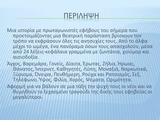 ΠΕΡΙΛΗΨΗ
Μια ιστορία με πρωταγωνιστές εφήβους του σήμερα που
προετοιμάζοντας μια θεατρική παράσταση βρίσκουν τον
τρόπο να εκφράσουν όλες τις ανησυχίες τους. Από το άλφα
μέχρι το ωμέγα, ένα πανόραμα όσων τους απασχολούν, μέσα
από 24 λέξεις-κεφάλαια γραμμένα με ζωντάνια, χιούμορ και
αισιοδοξία.
Άγχος, Βαρεμάρα, Γονείς, Δίαιτα, Έρωτας, Ζήλια, Ήρωας,
Θάνατος, Ίντερνετ, Καθηγητές, Λύπη, Μοναξιά, Ναρκωτικά,
Ξύρισμα, Όνειρα, Πενθήμερη, Ρούχα και Ρατσισμός, Σεξ,
Τηλέφωνο, Ύψος, Φιλία, Χορός, Ψέματα, Ωριμότητα.
Αφορμή για να βάλουν σε μια τάξη την ψυχή τους οι νέοι και να
θυμηθούν το ξεχασμένο τραγούδι της δικής τους εφηβείας οι
μεγαλύτεροι.
 