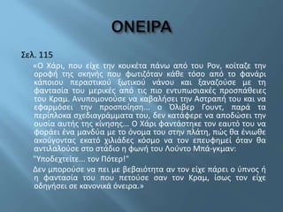 Σελ. 115
«Ο Χάρι, που είχε την κουκέτα πάνω από του Ρον, κοίταζε την
οροφή της σκηνής που φωτιζόταν κάθε τόσο από το φανάρι
κάποιου περαστικού ξωτικού νάνου και ξαναζούσε με τη
φαντασία του μερικές από τις πιο εντυπωσιακές προσπάθειες
του Κραμ. Ανυπομονούσε να καβαλήσει την Αστραπή του και να
εφαρμόσει την προσποίηση... ο Όλιβερ Γουντ, παρά τα
περίπλοκα σχεδιαγράμματα του, δεν κατάφερε να αποδώσει την
ουσία αυτής της κίνησης... Ο Χάρι φαντάστηκε τον εαυτό του να
φοράει ένα μανδύα με το όνομα του στην πλάτη, πώς θα ένιωθε
ακούγοντας εκατό χιλιάδες κόσμο να τον επευφημεί όταν θα
αντιλαλούσε στο στάδιο η φωνή του Λούντο Μπά-γκμαν:
"Υποδεχτείτε... τον Πότερ!"
Δεν μπορούσε να πει με βεβαιότητα αν τον είχε πάρει ο ύπνος ή
η φαντασία του που πετούσε σαν τον Κραμ, ίσως τον είχε
οδηγήσει σε κανονικά όνειρα.»
 