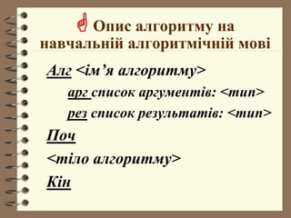  Опис алгоритму на
навчальній алгоритмічній мові
Алг <ім’я алгоритму>
арг список аргументів: <тип>
рез список результатів: <тип>
Поч
<тіло алгоритму>
Кін
 