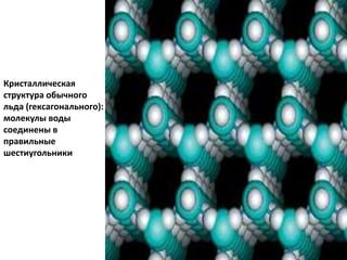 Кристаллическая
структура обычного
льда (гексагонального):
молекулы воды
соединены в
правильные
шестиугольники
 