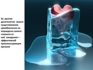 За долгие
десятилетия своего
существования,
криобиология не
оправдала самого
главного от
неё ожидания –
эффективной
криоконсервации
органов
 