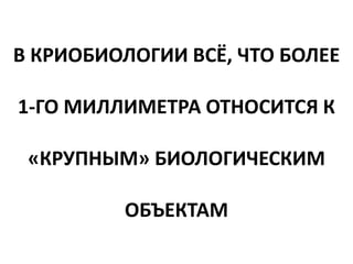 В КРИОБИОЛОГИИ ВСЁ, ЧТО БОЛЕЕ
1-ГО МИЛЛИМЕТРА ОТНОСИТСЯ К
«КРУПНЫМ» БИОЛОГИЧЕСКИМ
ОБЪЕКТАМ
 