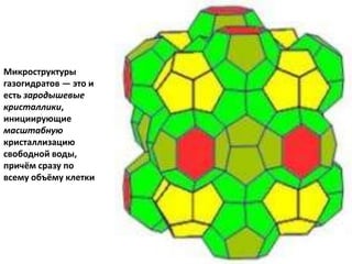Микроструктуры
газогидратов — это и
есть зародышевые
кристаллики,
инициирующие
масштабную
кристаллизацию
свободной воды,
причём сразу по
всему объёму клетки
 