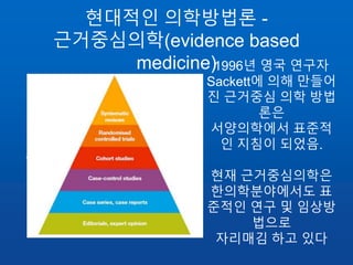 현대적인 의학방법론 -
근거중심의학(evidence based
medicine)
•
1996년 영국 연구자
Sackett에 의해 만들어
진 근거중심 의학 방법
론은
서양의학에서 표준적
인 지침이 되었음.
현재 근거중심의학은
한의학분야에서도 표
준적인 연구 및 임상방
법으로
자리매김 하고 있다
 