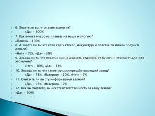  6. Знаете ли вы, что такое экология?
 «Да» - 100%
 7. Как влияет мусор на планете на нашу экологию?
 «Плохо» - 100%
 8. А знаете ли вы что если сдать стекло, макулатуру и пластик то можно получить
деньги?
 «Нет» - 70%, «Да» - 30%
 9. Знаешь ли ты что пластик нужно держать отдельно от бумаги и стекла? И для чего
это нужно?
 «Нет» - 89%, «Да» - 11%
 10. Знаешь ли ты что такое мусороперерабатывающий завод?
 «Да» - 73%, «Наверно» - 20%, «Нет» - 7%
 11. Считаете ли вы эту информацией важной?
 «Да» - 93%, «Наверно» - 7%
 12. Как вы считаете, вы несёте ответственность за нашу Землю?
 «Да» - 100%

 