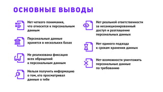 Нет четкого понимания,
что относится к персональным
данным
Персональные данные
хранятся в нескольких базах
Не реализована фиксация
всех обращений
к персональным данным
Нельзя получить информацию
о том, кто просматривал
данные о тебе
Нет реальной ответственности
за несанкционированный
доступ и разглашение
персональных данных
Нет единого подхода
к срокам хранения данных
Нет возможности уничтожить
персональные данные
по требованию
ОСНОВНЫЕ ВЫВОДЫ
 