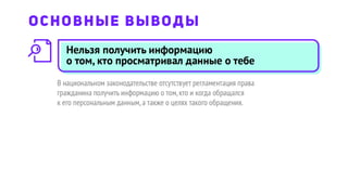Нельзя получить информацию
о том, кто просматривал данные о тебе
В национальном законодательстве отсутствует регламентация права
гражданина получить информацию о том,кто и когда обращался
к его персональным данным,а также о целях такого обращения.
ОСНОВНЫЕ ВЫВОДЫ
 