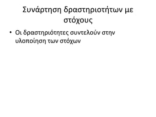 Συνάρτηση δραστηριοτήτων με
στόχους
• Οι δραστηριότητες συντελούν στην
υλοποίηση των στόχων
 