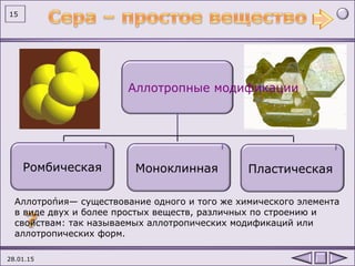 28.01.15
15
Аллотро́пия— существование одного и того же химического элемента
в виде двух и более простых веществ, различных по строению и
свойствам: так называемых аллотропических модификаций или
аллотропических форм.
Аллотропные модификации
Ромбическая Моноклинная Пластическая
 