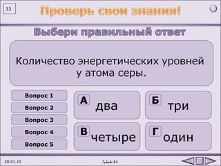 Вопрос 1
Вопрос 2
Вопрос 3
Вопрос 4
Вопрос 5
28.01.15
33
Губарева В.А.
 
