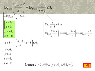 ;3
3
log
3
log 5
4
5 ≤
−
+




 −
++
x
x
x
x
xx









−≠
−>



>
<
≤
−
+
;4
,5
;3
,0
,3
3
log3 5
x
x
x
х
x
x
x
( )










−≠
−>



>
<
≤





−−
−
⋅−+
;4
,5
;3
,0
,05
3
15
x
x
x
х
x
x
x
x
( ) [ ] ( ).;33;-1-5;-4-:Ответ ∞∪∪
.
3
log4
3
log4
3
log
то0
3
Т.к.
55
4
5
x
x
x
x
x
x
,
х
х
xxx
−
=
−
=




 −
>
−
+++
 