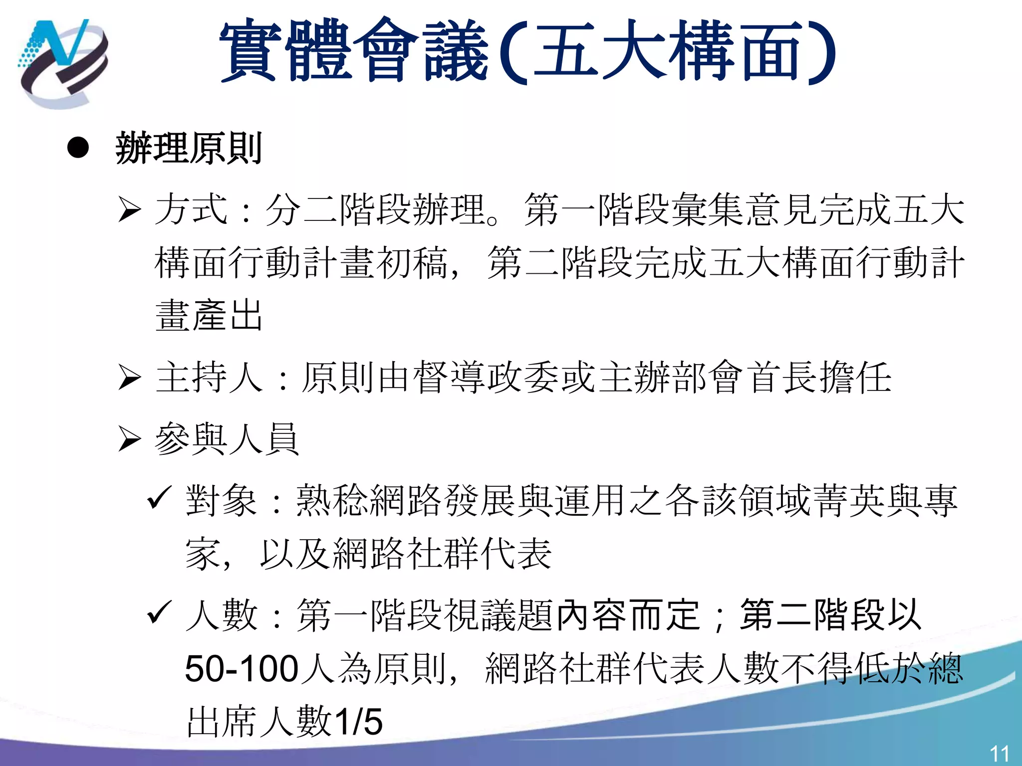 11
實體會議(五大構面)
 辦理原則
 方式：分二階段辦理。第一階段彙集意見完成五大
構面行動計畫初稿，第二階段完成五大構面行動計
畫產出
 主持人：原則由督導政委或主辦部會首長擔任
 參與人員
 對象：熟稔網路發展與運用之各該領域菁英與專
家，以及網路社群代表
 人數：第一階段視議題內容而定；第二階段以
50-100人為原則，網路社群代表人數不得低於總
出席人數1/5
 