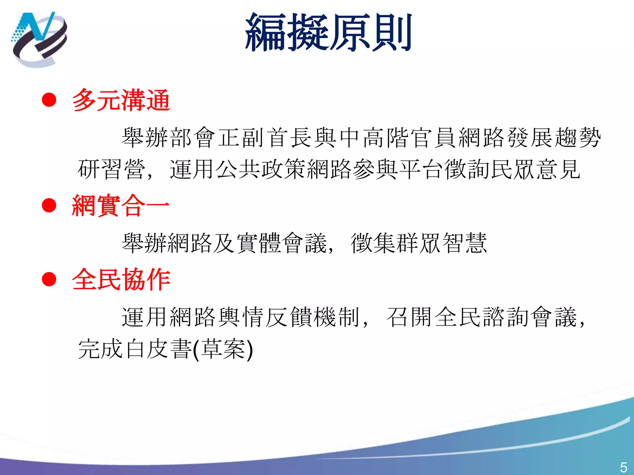5
編擬原則
 多元溝通
舉辦部會正副首長與中高階官員網路發展趨勢
研習營，運用公共政策網路參與平台徵詢民眾意見
 網實合一
舉辦網路及實體會議，徵集群眾智慧
 全民協作
運用網路輿情反饋機制，召開全民諮詢會議，
完成白皮書(草案)
 