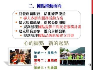二、據點推動面向二、據點推動面向
 開發創新服務，活化據點能量
 導入多層次服務活動方案
 擴大服務能量，銜接長期照顧
 規劃辦理據點提供日間托老服務計畫
 建立服務形象，邁向永續發展
 規劃辦理據點品牌形象建立計畫
心的據點 新的起點
策略一：服務升
級
策略二：量能提
升
策略三：形象躍
18
 