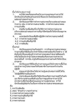 ขั้นให้ประสบการณ์
1. ครูใช้ภาพหรือของจริงอวัยวะภายนอกของร่างกายให้
นักเรียนช่วยกันคิดแล้วบอกหน้าที่และประโยชน์ของอวัยวะ
แต่ละอย่างของร่างกาย
2. นักเรียนบอกวิธีการทำาความสะอาดอวัยวะแต่ละอย่างของ
ร่างกาย เช่น การทำาความสะอาดเล็บ การทำาความสะอาดผม
การแปรงฟัน
3. ครูอธิบายเพิ่มเติมเกี่ยวกับวิธีการการทำาความสะอาด
อวัยวะแต่ละอย่างของร่างกายที่ถูกวิธีพร้อมทั้งให้นักเรียนดูภาพ
ประกอบ
4. แบ่งกลุ่มนักเรียนเพื่อฝึกปฏิบัติการทำาความสะอาดดังนี้
4.1 การทำาความสะอาดมือ
4.2 การแปรงฟันที่ถูกวิธี
4.3 การตัดเล็บ
ขั้นสรุป
1. นักเรียนและครูร่วมกันสรุปว่า การรักษาความสะอาดของ
ร่างกายที่ถูกวิธีเป็นประจำาทำาให้สะอาดช่วยป้องกันโรคต่าง ๆ ได้
ดังนั้นนักเรียนจะต้องสำารวจร่างกายของตนว่าสะอาดดีพอแล้ว
หรือไม่เป็นประจำาถ้าไม่สะอาดพอต้องรีบขวนขวายทำาความ
สะอาดทันที จากนั้น ครูบันทึกลงบนกระดานดำาแล้วให้นักเรียน
อ่านตาม
2. นักเรียนบอกวิธีป้องกันร่างกายตนเองให้ปราศจากเชื้อโรค
และนำาความรู้ไปขยายผลให้กับสมาชิกในครอบครัวร่วมกัน
ปฏิบัติ
3. ครูแนะนำานักเรียนให้นำาความรู้และประสบการณ์ที่ได้รับ
ไปปฏิบัติที่บ้านเป็นประจำา
4. ครูกระตุ้นและส่งเสริมให้นักเรียนเกิดความภาคภูมิใจในตัว
เอง ที่สามารถช่วยเหลือตัวเองในการดูแลรักษาร่างกายให้
ปราศจากเชื้อโรคเพื่อช่วยแบ่งเบาภาระผู้ปกครอง ทำาให้
นักเรียนมีภูมิคุ้มกันในเรื่องการรักษาความสะอาดของตนเอง
สื่อ
1. กรรไกรตัดเล็บ
2. เพลง “ส่วนต่าง ๆ ของร่างกาย
3. ภาพการทำาความสะอาดมือ
4. ภาพการแปรงฟันที่ถูกวิธี
5. ภาพการอาบนำ้า
6. ภาพการสระผม
 