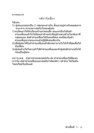 ภาคผนวก
กติกาวิ่งเปี้ยว
วิธีเล่น
1) ผู้เล่นแบ่งออกเป็น 2 กลุ่มๆละเท่าๆกัน ตั้งแถวอยู่ห่างกันพอสมควร
ระยะห่าง ควรเหมาะสมกับวัยของผู้เล่น
1) ครูจัดแถวให้นักเรียนเข้าแถวตอนลึก คนแรกเป็นวิ่งถือผ้า
สามเหลี่ยมแล้ววิ่งไปอ้อมเสาข้างหน้าที่อยู่ฝ่ายตรงข้ามวิ่งกลับมาที่
กลุ่มตนเอง ส่งผ้าสามเหลี่ยมให้กับคนที่สอง คนที่สองรับผ้า
สามเหลี่ยมจากคนแรกแล้วปฏิบัติเช่นเดียวกัน
2) เมื่อผู้เล่นได้รับผ้าสามเหลี่ยมแล้วต้องพยายามวิ่งให้เร็วที่สุดเพื่อให้
ทันเพื่อน
3) ผู้เล่นฝ่ายใดวิ่งมาแล้วใช้ผ้าสามเหลี่ยมแตะตัวผู้เล่นอีกผ่ายหนึ่งได้
ก่อนเป็นผู้ชนะ
หมายเหตุ ครูควรกำาหนดเขตส่งรับ-ส่ง ผ้าสามเหลี่ยมให้ชัดเจน
หากรับ-ส่งผ้าสามเหลี่ยมนอกเขตถือว่าผิดกติกา (ฟาล์ว) ให้เริ่มต้น
ใหม่หรือปรับเป็นแพ้
ช่วงชั้นที่ 1 - 26
 