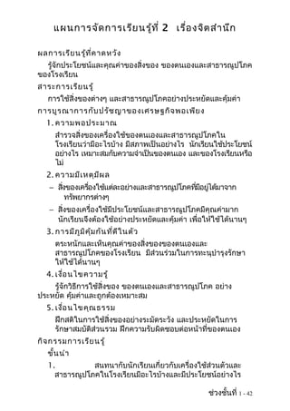 แผนการจัดการเรียนรู้ที่ 2 เรื่องจิตสำานึก
ผลการเรียนรู้ที่คาดหวัง
รู้จักประโยชน์และคุณค่าของสิ่งของ ของตนเองและสาธารณูปโภค
ของโรงเรียน
สาระการเรียนรู้
การใช้สิ่งของต่างๆ และสาธารณูปโภคอย่างประหยัดและคุ้มค่า
การบูรณาการกับปรัชญาของเศรษฐกิจพอเพียง
1. ความพอประมาณ
สำารวจสิ่งของเครื่องใช้ของตนเองและสาธารณูปโภคใน
โรงเรียนว่ามีอะไรบ้าง มีสภาพเป็นอย่างไร นักเรียนใช้ประโยชน์
อย่างไร เหมาะสมกับความจำาเป็นของตนเอง และของโรงเรียนหรือ
ไม่
2. ความมีเหตุมีผล
− สิ่งของเครื่องใช้แต่ละอย่างและสาธารณูปโภคที่มีอยู่ได้มาจาก
ทรัพยากรต่างๆ
− สิ่งของเครื่องใช้มีประโยชน์และสาธารณูปโภคมีคุณค่ามาก
นักเรียนจึงต้องใช้อย่างประหยัดและคุ้มค่า เพื่อให้ใช้ได้นานๆ
3. การมีภูมิคุ้มกันที่ดีในตัว
ตระหนักและเห็นคุณค่าของสิ่งของของตนเองและ
สาธารณูปโภคของโรงเรียน มีส่วนร่วมในการทะนุบำารุงรักษา
ให้ใช้ได้นานๆ
4. เงื่อนไขความรู้
รู้จักวิธีการใช้สิ่งของ ของตนเองและสาธารณูปโภค อย่าง
ประหยัด คุ้มค่าและถูกต้องเหมาะสม
5. เงื่อนไขคุณธรรม
ฝึกสติในการใช้สิ่งของอย่างระมัดระวัง และประหยัดในการ
รักษาสมบัติส่วนรวม ฝึกความรับผิดชอบต่อหน้าที่ของตนเอง
กิจกรรมการเรียนรู้
ขั้นนำา
1. สนทนากับนักเรียนเกี่ยวกับเครื่องใช้ส่วนตัวและ
สาธารณูปโภคในโรงเรียนมีอะไรบ้างและมีประโยชน์อย่างไร
ช่วงชั้นที่ 1 - 42
 