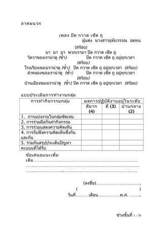 ภาคผนวก
เพลง ปัด กวาด เช็ด ถู
ผู้แต่ง นางสาวอุทัยวรรณ อดทน
(สร้อย)
มา มา มา พวกเรามา ปัด กวาด เช็ด ถู
วัดวาของเราน่าดู (ซำ้า) ปัด กวาด เช็ด ถู อยู่ทุกเวลา
(สร้อย)
โรงเรียนของเราน่าดู (ซำ้า) ปัด กวาด เช็ด ถู อยู่ทุกเวลา (สร้อย)
ลำาคลองของเราน่าดู (ซำ้า) ปัด กวาด เช็ด ถู อยู่ทุกเวลา
(สร้อย)
บ้านเมืองของเราน่าดู (ซำ้า) ปัด กวาด เช็ด ถู อยู่ทุกเวลา (สร้อย)
แบบประเมินการทำางานกลุ่ม
การทำากิจกรรมกลุ่ม ผลการปฏิบัติงานอยู่ในระดับ
ดีมาก
(4)
ดี (3) ปานกลาง
(2)
1. การแบ่งงานในกลุ่มชัดเจน
2. การร่วมมือกันทำากิจกรรม
3. การร่วมแสดงความคิดเห็น
4. การรับฟังความคิดเห็นซึ่งกัน
และกัน
5. ร่วมกันสรุปประเด็นปัญหา
คะแนนที่ได้รับ
ข้อเสนอแนะเพิ่ม
เติม………………………………………………………………
……………………………………………………………………
……………………..……………………………………………
(ลงชื่อ)………………………….
( )
วันที่………เดือน……………พ.ศ. ……..
ช่วงชั้นที่ 1 - 70
 