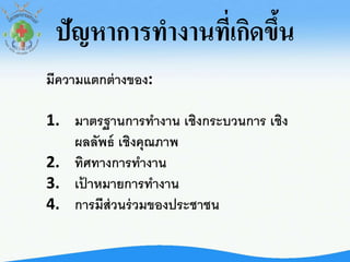 ปัญหาการทางานที่เกิดขึ้น
มีความแตกต่างของ:
1. มาตรฐานการทางาน เชิงกระบวนการ เชิง
ผลลัพธ์ เชิงคุณภาพ
2. ทิศทางการทางาน
3. เป้ าหมายการทางาน
4. การมีส่วนร่วมของประชาชน
 