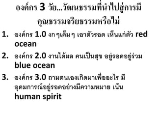 องค์กร 3 วัย...วัฒนธรรมที่นาไปสู่การมี
คุณธรรมจริยธรรมหรือไม่
1. องค์กร 1.0 งกๆเค็มๆ เอาตัวรอด เห็นแก่ตัว red
ocean
2. องค์กร 2.0 งานได้ผล คนเป็นสุข อยู่รอดอยู่ร่วม
blue ocean
3. องค์กร 3.0 ถามตนเองเกิดมาเพื่ออะไร มี
อุดมการณ์อยู่รอดอย่างมีความหมาย เน้น
human spirit
 