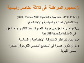 3-‫مفهوم‬‫المواطنة‬‫فى‬‫رئيس‬ ‫عناصر‬ ‫ثالثة‬‫ية‬
(Cohen1999‫؛‬Kymlicka Norman,2000‫؛‬Carens2000)
‫للحقوق‬ ‫وفقا‬‫والسياسية‬ ‫المدنية‬‫واالجتماعية‬:
.1‫وله‬ ‫للقانون‬ ‫وفقا‬ ‫التصرف‬ ‫حرية‬ ‫فى‬ ‫الحق‬ ‫له‬ ‫المواطن‬‫الحق‬
‫القانونية‬ ‫بالحماية‬ ‫المطالبة‬ ‫في‬
.2‫السياسية‬ ‫و‬ ‫االجتماعية‬ ‫المشاركة‬ ‫للمواطن‬ ‫يحق‬ ‫و‬
.3‫مص‬ ‫يوفر‬ ‫الذي‬ ‫السياسي‬ ‫المجتمع‬ ‫في‬ ‫عضوا‬ ‫يكون‬ ‫ان‬ ‫و‬‫درا‬
‫للهوية‬ ‫متميزا‬.
 