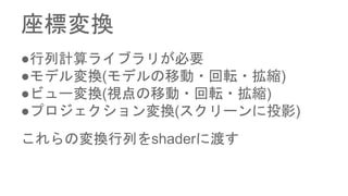 座標変換
●行列計算ライブラリが必要
●モデル変換(モデルの移動・回転・拡縮)
●ビュー変換(視点の移動・回転・拡縮)
●プロジェクション変換(スクリーンに投影)
これらの変換行列をshaderに渡す
 