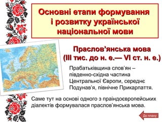 Основні етапи формуванняОсновні етапи формування
і розвитку українськоїі розвитку української
національної мовинаціонально...