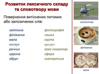 Повернення витіснених питомих
або запозичених слів:
Розвиток лексичного складуРозвиток лексичного складу
та словотвору мовита словотвору мови
філіжанка
мапа
гелікоптер
світлина
філіжанка
мапа
поступ
речник
царина
обрус
фотографія
чашка
карта
прогрес
прес-секретар
сфера
скатертина
 