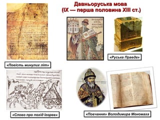 Давньоруська моваДавньоруська мова
(ІХ — перша половина ХІІІ ст.)(ІХ — перша половина ХІІІ ст.)
«Повість минулих літ»«Повість минулих літ»
«Руська Правда»«Руська Правда»
«Слово про похід Ігорев»«Слово про похід Ігорев» «Повчання» Володимира Мономаха«Повчання» Володимира Мономаха
 