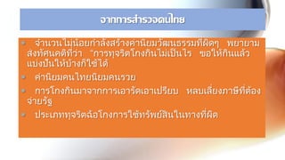 จากการสารวจคนไทย
 จานวนไม่น้อยกาลังสร้างค่านิยมวัฒนธรรมที่ผิดๆ พยายาม
ส่งทัศนคติที่ว่า “การทุจริตโกงกินไม่เป็นไร ขอให้กินแล้ว
แบ่งปันให้บ้างก็ใช้ได้
 ค่านิยมคนไทยนิยมคนรวย
 การโกงกินมาจากการเอารัดเอาเปรียบ หลบเลี่ยงภาษีที่ต้อง
จ่ายรัฐ
 ประเภททุจริตฉ้อโกงการใช้ทรัพย์สินในทางที่ผิด
 