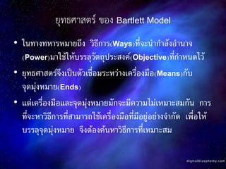 ยุทธศาสตร์ ของ Bartlett Model
• ในทางทหารหมายถึง วิธีการ(Ways)ที่จะนากาลังอานาจ
(Power)มาใช้ให้บรรลุวัตถุประสงค์(Objective...