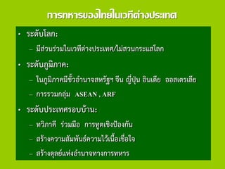 การทหารของไทยในเวทีต่างประเทศ
„ ระดับโลก:
‟ มีส่วนร่วมในเวทีต่างประเทศ/ไม่สวนกระแสโลก
„ ระดับภูมิภาค:
‟ ในภูมิภาคมีขั้วอานาจสหรัฐฯ จีน ญี่ปุ่น อินเดีย ออสเตรเลีย
‟ การรวมกลุ่ม ASEAN , ARF
„ ระดับประเทศรอบบ้าน:
‟ ทวิภาคี ร่วมมือ การทูตเชิงป้องกัน
‟ สร้างความสัมพันธ์ความไว้เนื้อเชื่อใจ
‟ สร้างดุลย์แห่งอานาจทางการทหาร
 