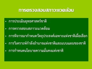 การตรวจสอบสภาวะแวดล้อม
• การประเมินยุทธศาสตร์ชาติ
• การตรวจสอบสภาวะแวดล้อม
• การพิจารณากาหนดวัตถุประสงค์เฉพาะแห่งชาติเผื่อเลือก
• การวิเคราะห์กาลังอานาจแห่งชาติและแบบแผนของชาติ
• การกาหนดนโยบายความมั่นคงแห่งชาติ
 