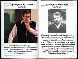 14 февраля 1947 года
родился
Борис Гедальевич Штерн —
русский советский писатель-фантаст.
Член Союза писателей СССР. Лауреат
премий «Бронзовая улитка»
и «Странник»
15 февраля 1867 года
родился
Николай Александрович Энгельгардт —
русский писатель, поэт, публицист,
литературный критик.
Автор романов и повес тей, статей
о Н. В. Гоголе, А. С. Пушкине, И. С. Турге
неве, Максиме Горьком, книг «История
русской литературы XIX столетия»
(1902—1903), «Очерк истории русской
цензуры в связи с развитием печати
(1703—1903)» (1904), мемуарной книги
«Давние эпизоды» (1911).
 