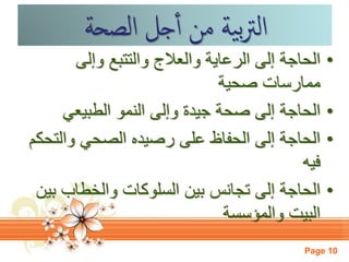 Page 10
‫الصحة‬ ‫جل‬‫أ‬ ‫من‬ ‫ية‬‫ب‬‫رت‬‫ال‬
•‫وإلى‬ ‫والتتبع‬ ‫والعالج‬ ‫الرعاية‬ ‫إلى‬ ‫الحاجة‬
‫صحية‬ ‫ممارسات‬
•‫الطبيعي‬ ‫النمو‬ ‫وإلى‬ ‫جيدة‬ ‫صحة‬ ‫إلى‬ ‫الحاجة‬
•‫والتح‬ ‫الصحي‬ ‫رصيده‬ ‫على‬ ‫الحفاظ‬ ‫إلى‬ ‫الحاجة‬‫كم‬
‫فيه‬
•‫بين‬ ‫تجانس‬ ‫إلى‬ ‫الحاجة‬‫السلوكات‬‫ب‬ ‫والخطاب‬‫ين‬
‫والمؤسسة‬ ‫البيت‬
 