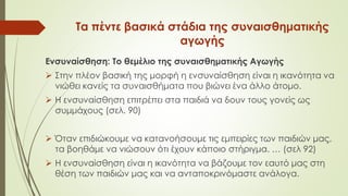 Τα πέντε βασικά στάδια της συναισθηματικής
αγωγής
Ενσυναίσθηση: Το θεμέλιο της συναισθηματικής Αγωγής
 Στην πλέον βασική της μορφή η ενσυναίσθηση είναι η ικανότητα να
νιώθει κανείς τα συναισθήματα που βιώνει ένα άλλο άτομο.
 Η ενσυναίσθηση επιτρέπει στα παιδιά να δουν τους γονείς ως
συμμάχους (σελ. 90)
 Όταν επιδιώκουμε να κατανοήσουμε τις εμπειρίες των παιδιών μας,
τα βοηθάμε να νιώσουν ότι έχουν κάποιο στήριγμα. … (σελ 92)
 Η ενσυναίσθηση είναι η ικανότητα να βάζουμε τον εαυτό μας στη
θέση των παιδιών μας και να ανταποκρινόμαστε ανάλογα.
 