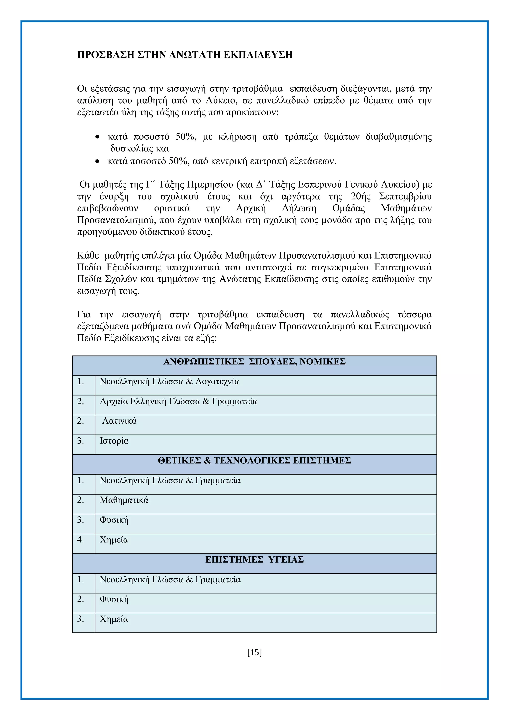 [15]
ΠΡΟ΢ΒΑ΢Η ΢ΣΗΝ ΑΝΩΣΑΣΗ ΔΚΠΑΙΓΔΤ΢Η
Οη εμεηάζεηο γηα ηελ εηζαγσγή ζηελ ηξηηνβάζκηα εθπαίδεπζε δηεμάγνληαη, κεηά ηελ
απφιπζε ηνπ καζεηή απφ ην Λχθεην, ζε παλειιαδηθφ επίπεδν κε ζέκαηα απφ ηελ
εμεηαζηέα χιε ηεο ηάμεο απηήο πνπ πξνθχπηνπλ:
 θαηά πνζνζηφ 50%, κε θιήξσζε απφ ηξάπεδα ζεκάησλ δηαβαζκηζκέλεο
δπζθνιίαο θαη
 θαηά πνζνζηφ 50%, απφ θεληξηθή επηηξνπή εμεηάζεσλ.
Οη καζεηέο ηεο Γ΄ Τάμεο Ηκεξεζίνπ (θαη Γ΄ Τάμεο Δζπεξηλνχ Γεληθνχ Λπθείνπ) κε
ηελ έλαξμε ηνπ ζρνιηθνχ έηνπο θαη φρη αξγφηεξα ηεο 20ήο Σεπηεκβξίνπ
επηβεβαηψλνπλ νξηζηηθά ηελ Αξρηθή Γήισζε Οκάδαο Μαζεκάησλ
Πξνζαλαηνιηζκνχ, πνπ έρνπλ ππνβάιεη ζηε ζρνιηθή ηνπο κνλάδα πξν ηεο ιήμεο ηνπ
πξνεγνχκελνπ δηδαθηηθνχ έηνπο.
Κάζε καζεηήο επηιέγεη κία Οκάδα Μαζεκάησλ Πξνζαλαηνιηζκνχ θαη Δπηζηεκνληθφ
Πεδίν Δμεηδίθεπζεο ππνρξεσηηθά πνπ αληηζηνηρεί ζε ζπγθεθξηκέλα Δπηζηεκνληθά
Πεδία Σρνιψλ θαη ηκεκάησλ ηεο Αλψηαηεο Δθπαίδεπζεο ζηηο νπνίεο επηζπκνχλ ηελ
εηζαγσγή ηνπο.
Γηα ηελ εηζαγσγή ζηελ ηξηηνβάζκηα εθπαίδεπζε ηα παλειιαδηθψο ηέζζεξα
εμεηαδφκελα καζήκαηα αλά Οκάδα Μαζεκάησλ Πξνζαλαηνιηζκνχ θαη Δπηζηεκνληθφ
Πεδίν Δμεηδίθεπζεο είλαη ηα εμήο:
ΑΝΘΡΩΠΙ΢ΣΙΚΔ΢ ΢ΠΟΤΓΔ΢, ΝΟΜΙΚΔ΢
1. Νενειιεληθή Γιψζζα & Λνγνηερλία
2. Αξραία Διιεληθή Γιψζζα & Γξακκαηεία
2. Λαηηληθά
3. Ιζηνξία
ΘΔΣΙΚΔ΢ & ΣΔΥΝΟΛΟΓΙΚΔ΢ ΔΠΙ΢ΣΗΜΔ΢
1. Νενειιεληθή Γιψζζα & Γξακκαηεία
2. Μαζεκαηηθά
3. Φπζηθή
4. Φεκεία
ΔΠΙ΢ΣΗΜΔ΢ ΤΓΔΙΑ΢
1. Νενειιεληθή Γιψζζα & Γξακκαηεία
2. Φπζηθή
3. Φεκεία
 