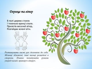 Деревце та вітер
В полі дерево стояло
і тихенько вранці спало.
Прилетів веселий вітер,
Розгойдав зелені віти.
Розташувати кисті рук долонями до себе.
Мізинці зближені, інші пальці розведені в
сторони. Плавно похитувати руками
уперед-назад, праворуч-ліворуч.
 