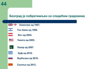 Београд је побратимљен са следећим градовима
Ковентри од 1957.
Тел Авив од 1990.
Беч од 2003.
Чикаго од 2005.
Лахор од 2007.
Крф од 2010.
Љубљана од 2010.
Скопље од 2012.
44
 